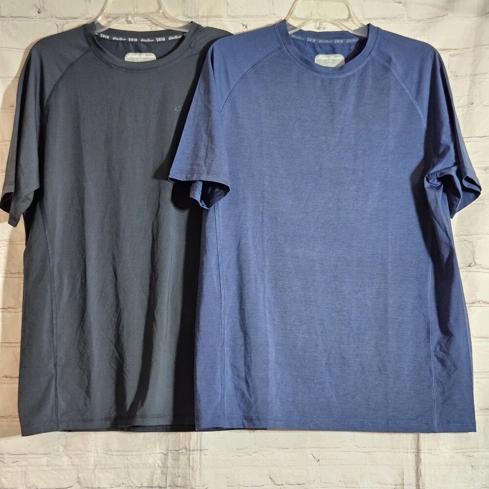 2 Pack Eddie Bauer Men's M Swim Shirts Short Sleeve Raglan Tops Blue Gray